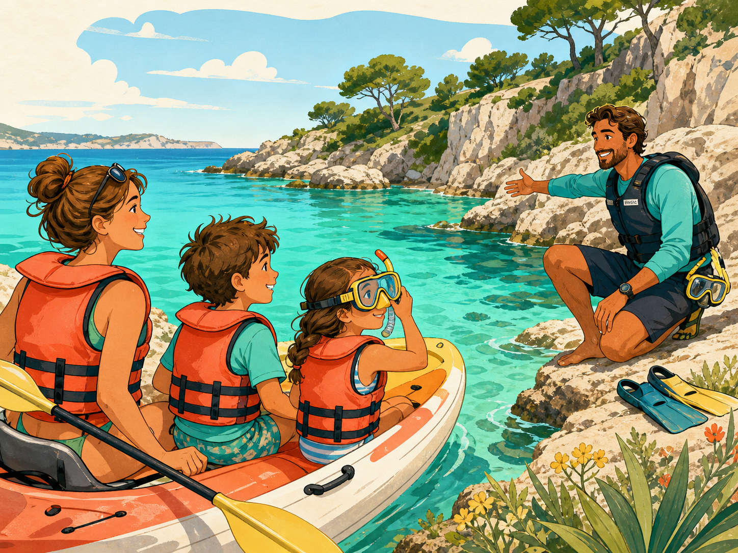 Illustrated family kayaking and snorkelling with a guide in Mallorca